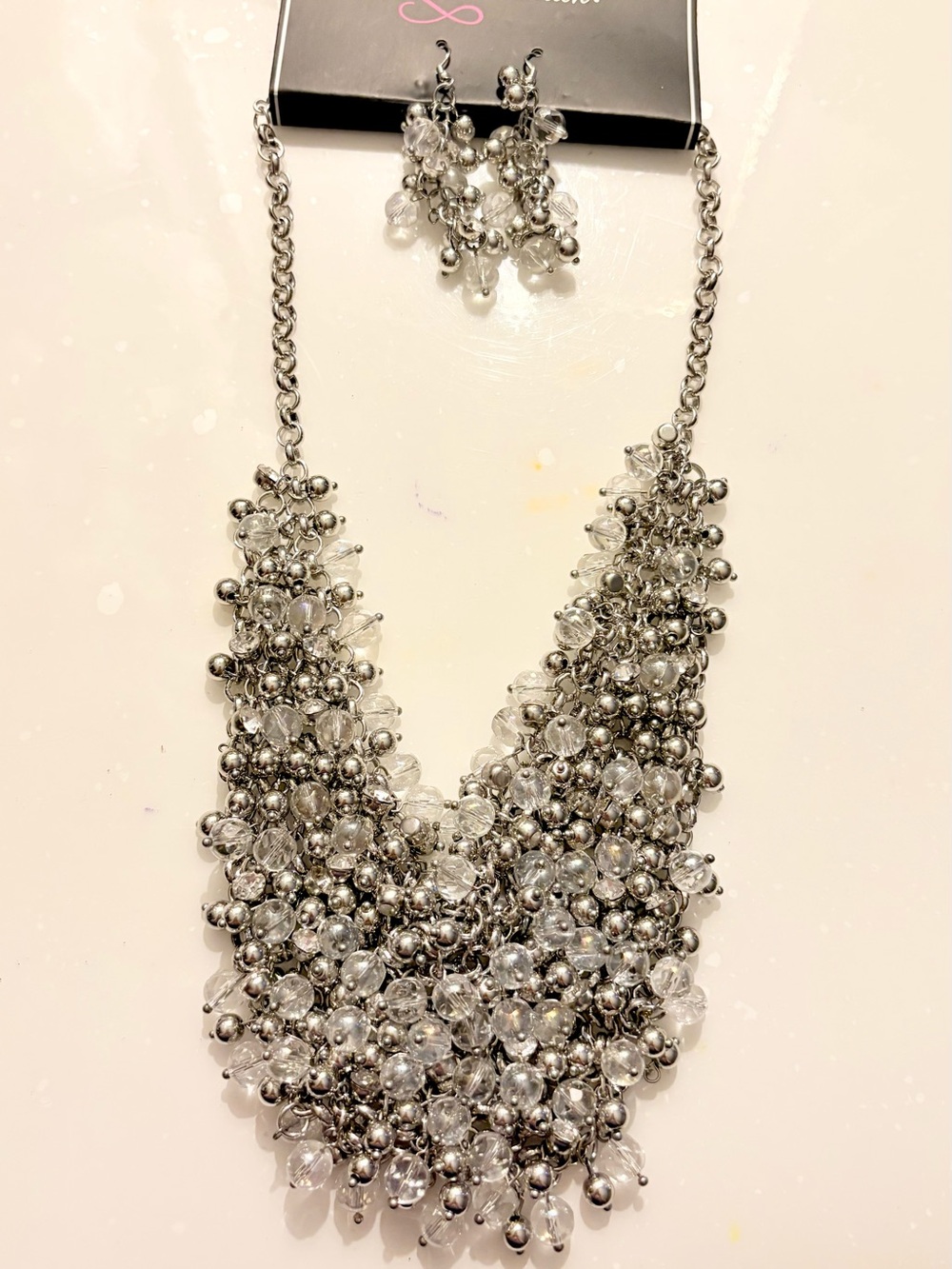 paparazzi Collection Silver Crystal Cluster Bib Necklace Set With Earrings